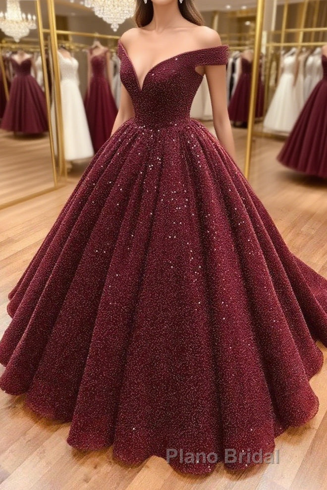 Shiny Off the Shoulder Burgundy Formal Prom Dresses, Dark Wine Red Off Shoulder Long Formal Evening Dresses Main image