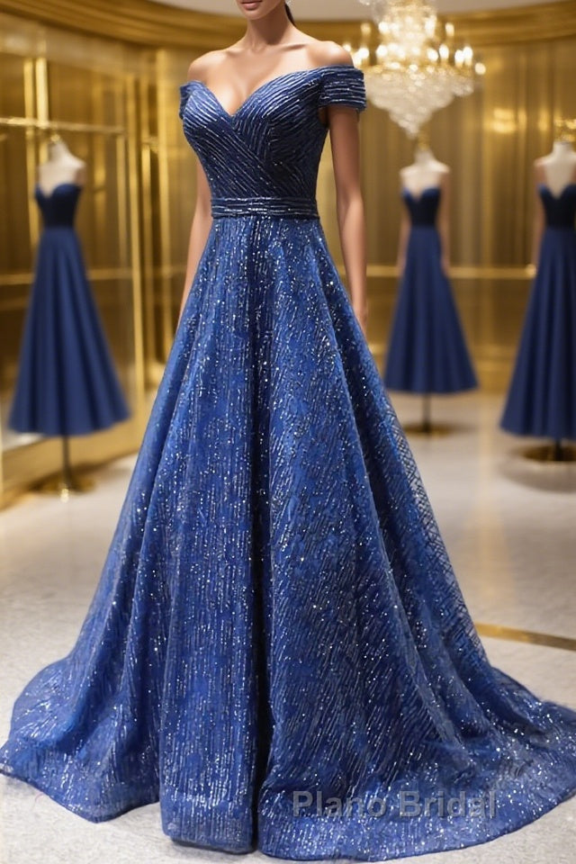 Shiny Off the Shoulder Navy Blue Long Formal Prom Dresses, Off Shoulder Blue Formal Evening Dresses Main image