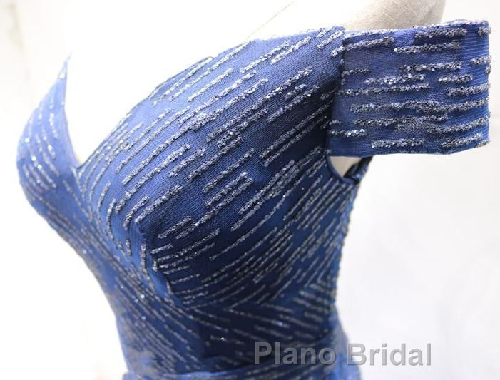 Shiny Off the Shoulder Navy Blue Long Formal Prom Dresses, Off Shoulder Blue Formal Evening Dresses