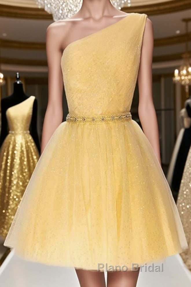 Shiny One Shoulder Yellow Short Formal Prom Homecoming Dress with Belt, Short One Shoulder Yellow Formal Evening Dress Main image
