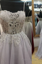 Shiny Open Back Gray Lace Long Formal Prom Dresses, Gray Lace Formal Dresses, Long Grey Evening Dresses