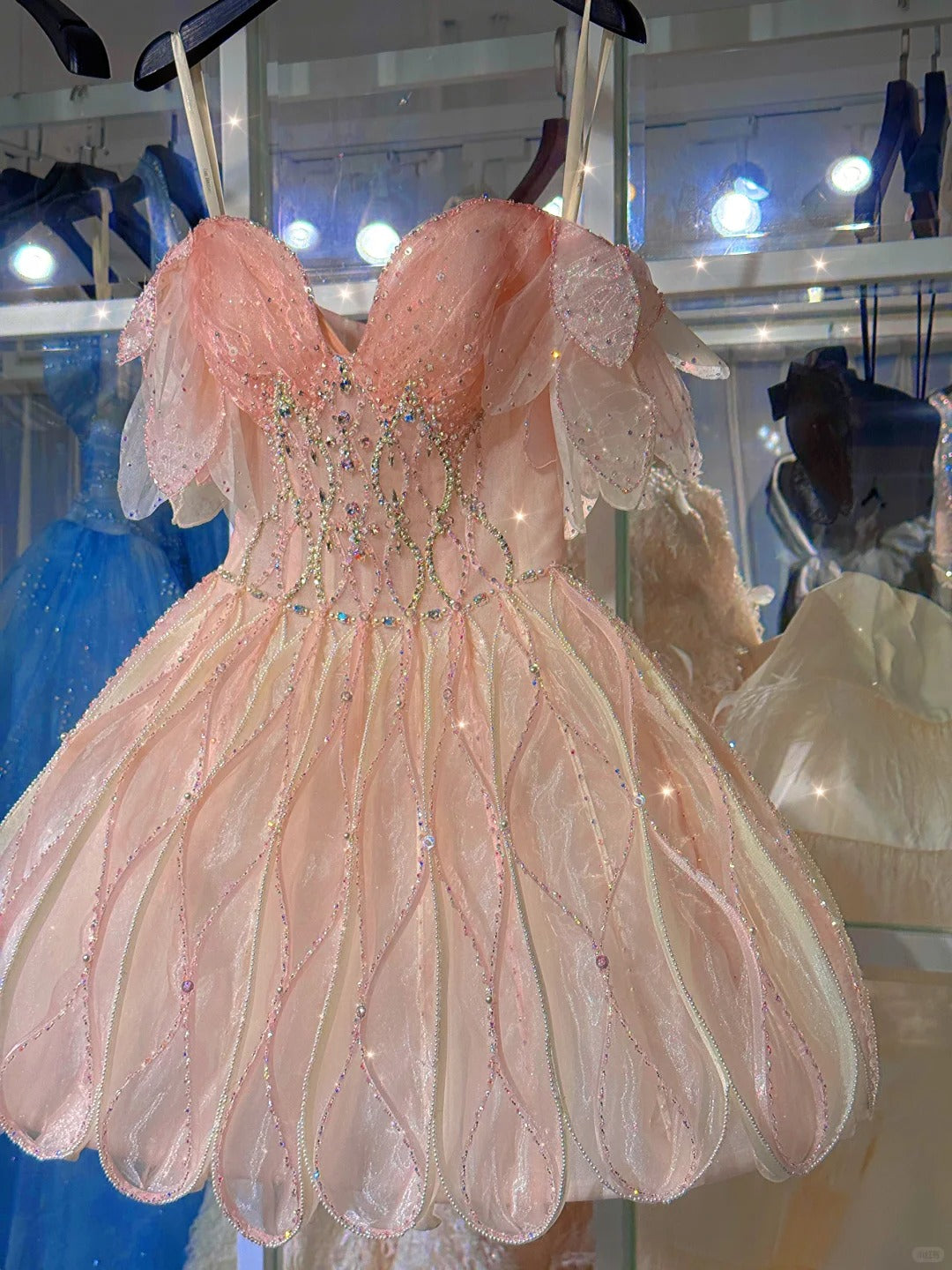 Shiny Pink Beaded Sling Petal Skirt Princess 17Th Birthday Homecoming Dresses