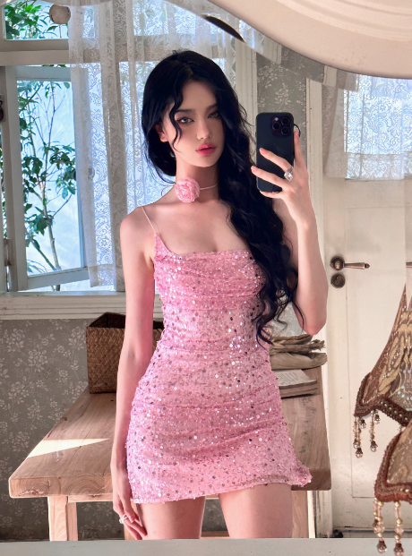 Shiny Pink Sequined Suspender Tube Top Hip 17Th Birthday Homecoming Dresses Main image