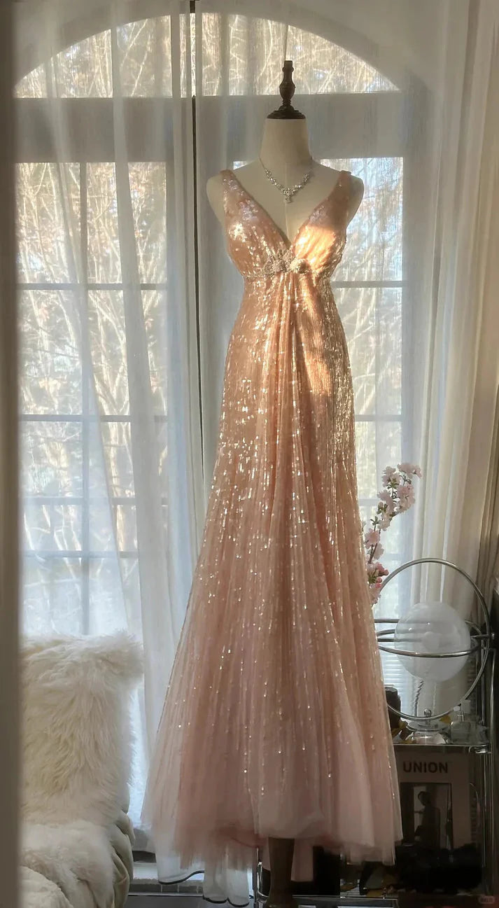 Shiny Princess Pink V-Neck Sequined Backless Mermaid Long Formal Prom Dresses Secondary image