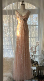 Shiny Princess Pink V-Neck Sequined Backless Mermaid Long Formal Prom Dresses