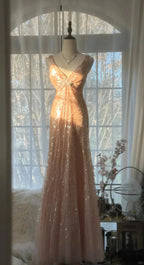 Shiny Princess Pink V-Neck Sequined Backless Mermaid Long Formal Prom Dresses