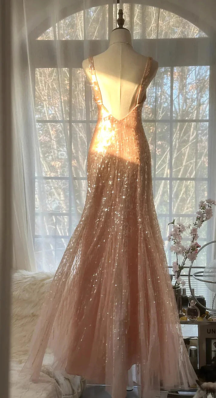 Shiny Princess Pink V-Neck Sequined Backless Mermaid Long Formal Prom Dresses