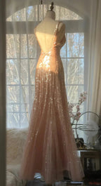 Shiny Princess Pink V-Neck Sequined Backless Mermaid Long Formal Prom Dresses