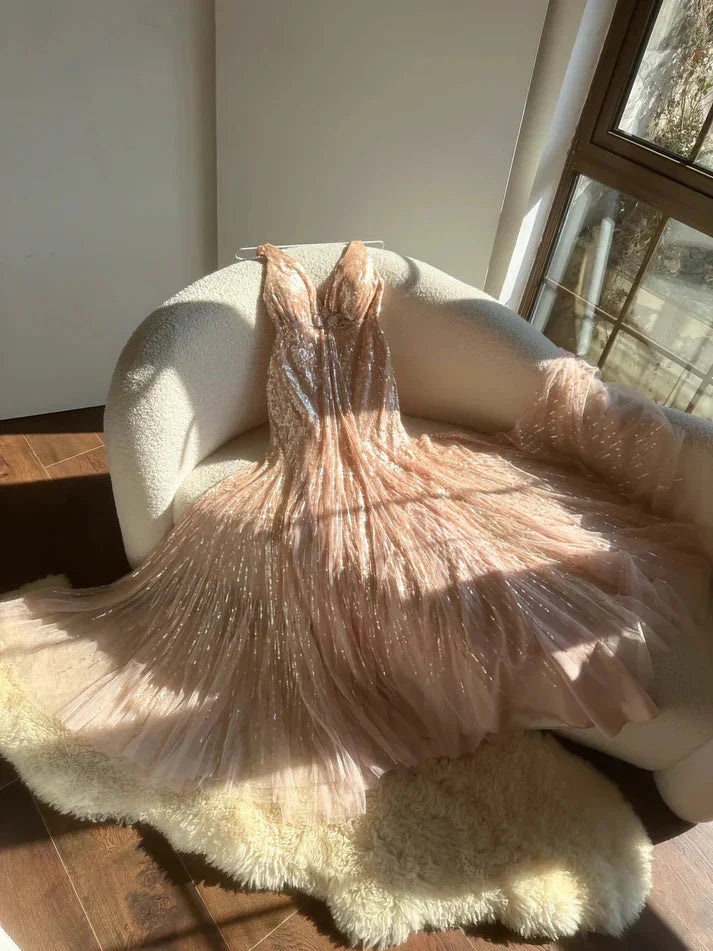 Shiny Princess Pink V-Neck Sequined Backless Mermaid Long Formal Prom Dresses