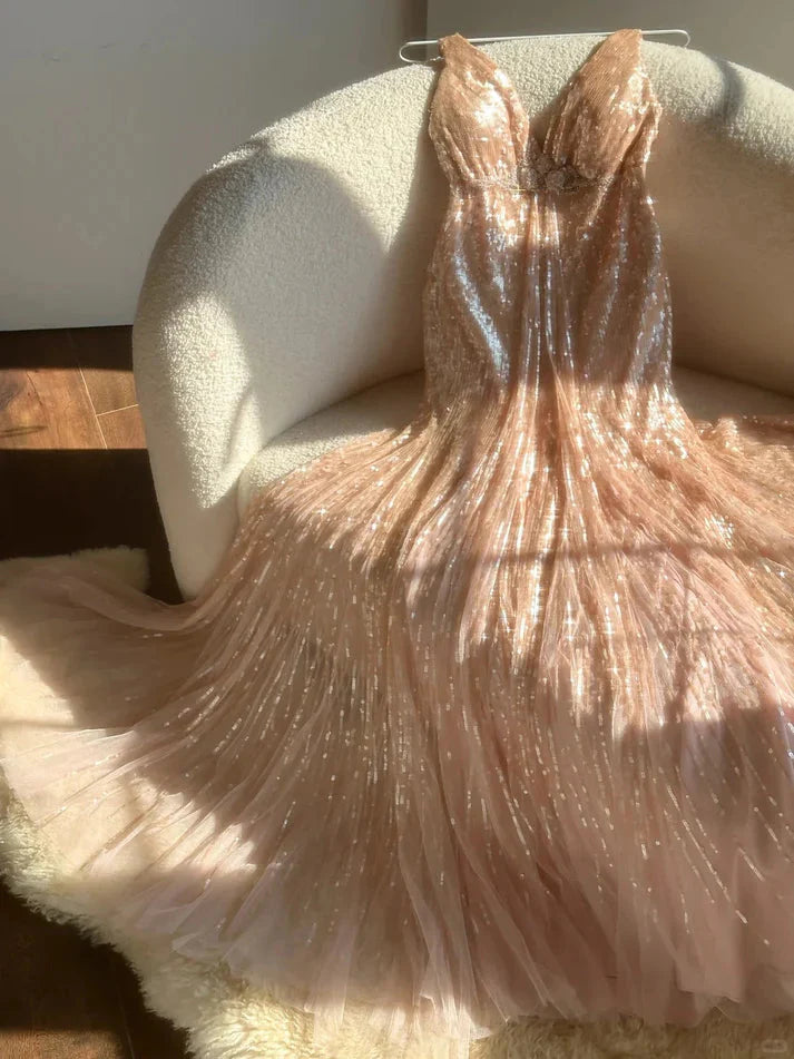 Shiny Princess Pink V-Neck Sequined Backless Mermaid Long Formal Prom Dresses