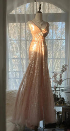 Shiny Princess Pink V-Neck Sequined Backless Mermaid Long Formal Prom Dresses