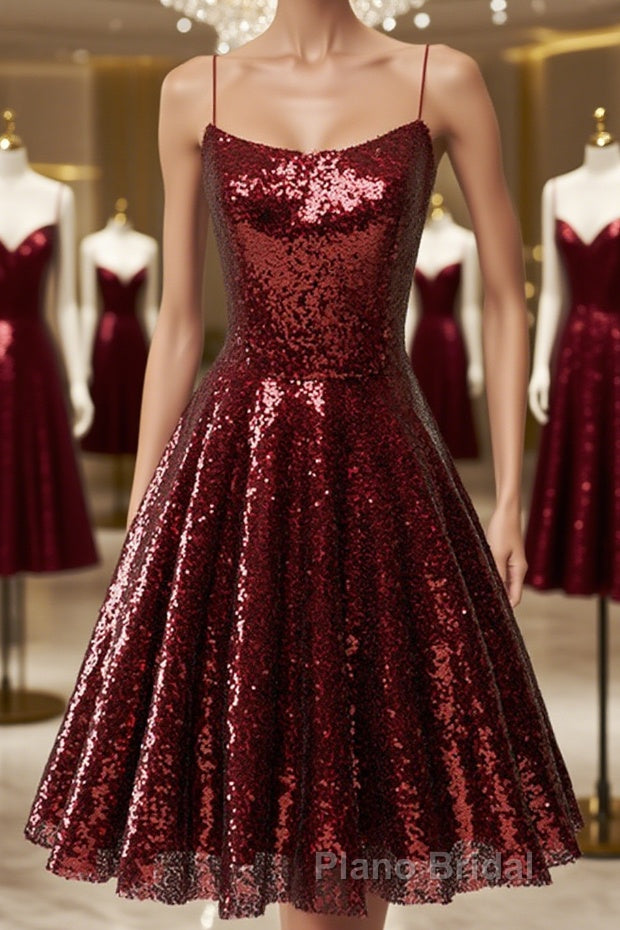 Shiny Sequins Backless Burgundy Short Formal Prom Dresses, Backless Burgundy Homecoming Dresses, Burgundy Formal Evening Dresses