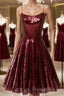 Shiny Sequins Backless Burgundy Short Formal Prom Dresses, Backless Burgundy Homecoming Dresses, Burgundy Formal Evening Dresses