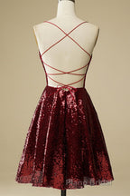 Shiny Sequins Backless Burgundy Short Formal Prom Dresses, Backless Burgundy Homecoming Dresses, Burgundy Formal Evening Dresses