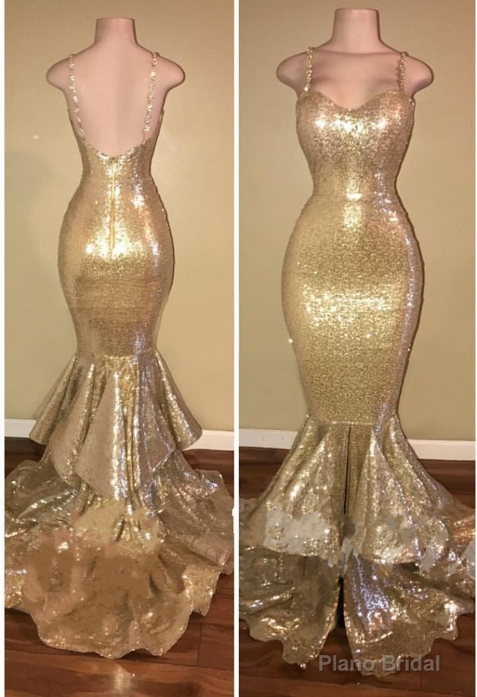 Shiny Sequins Mermaid Spaghettis-Straps Layers-Train Gold Prom Dresses Secondary image