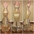 Shiny Sequins Mermaid Spaghettis-Straps Layers-Train Gold Prom Dresses