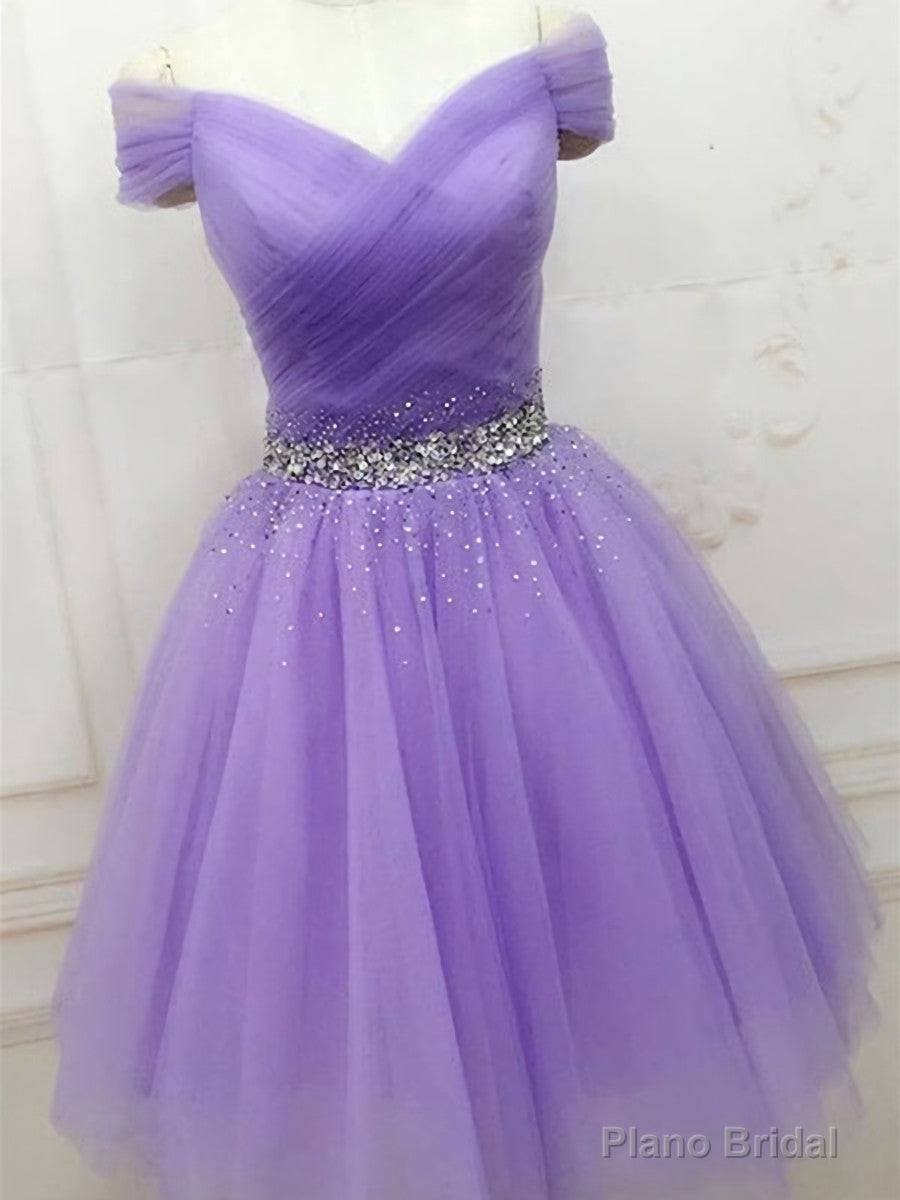 Shiny Sequins Purple Short Prom Dresses, Off the Shoulder Purple Formal Homecoming Dresses Main image