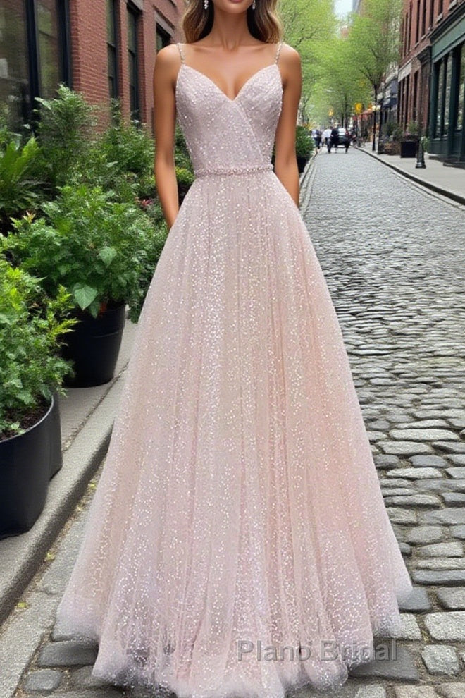 Shiny Sequins V Neck Pink Long Formal Prom Dress, V Neck Pink Formal Graduation Evening Dress