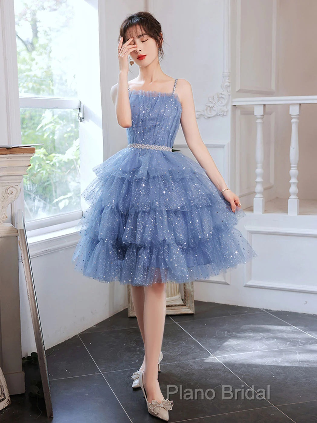 Shiny Short Puffy Blue Formal Prom Dresses A-Line Puffy Homecoming Dresses Secondary image