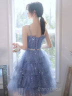 Shiny Short Puffy Blue Formal Prom Dresses A-Line Puffy Homecoming Dresses