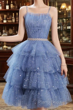 Shiny Short Puffy Blue Formal Prom Dresses A-Line Puffy Homecoming Dresses