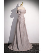 Shiny Silver Simple Long Pleats Prom Dress with Off Shoulder Straps