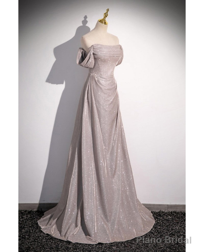 Shiny Silver Simple Long Pleats Prom Dress with Off Shoulder Straps Secondary image