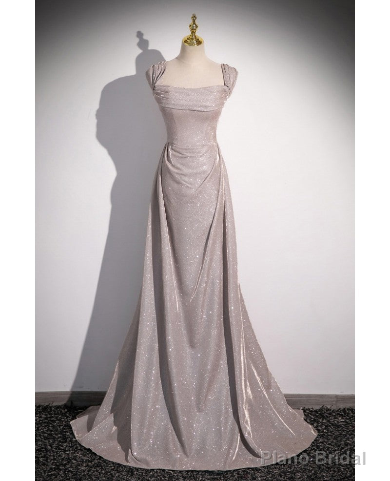 Shiny Silver Simple Long Pleats Prom Dress with Off Shoulder Straps Main image