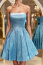 Shiny Strapless Blue Short Formal Prom Dresses, Open Back Blue Homecoming Dresses, Blue Formal Evening Dresses