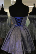 Shiny Strapless Open Back Short Black Formal Prom Dress, Open Back Black Homecoming Dress, Black Formal Evening Dress
