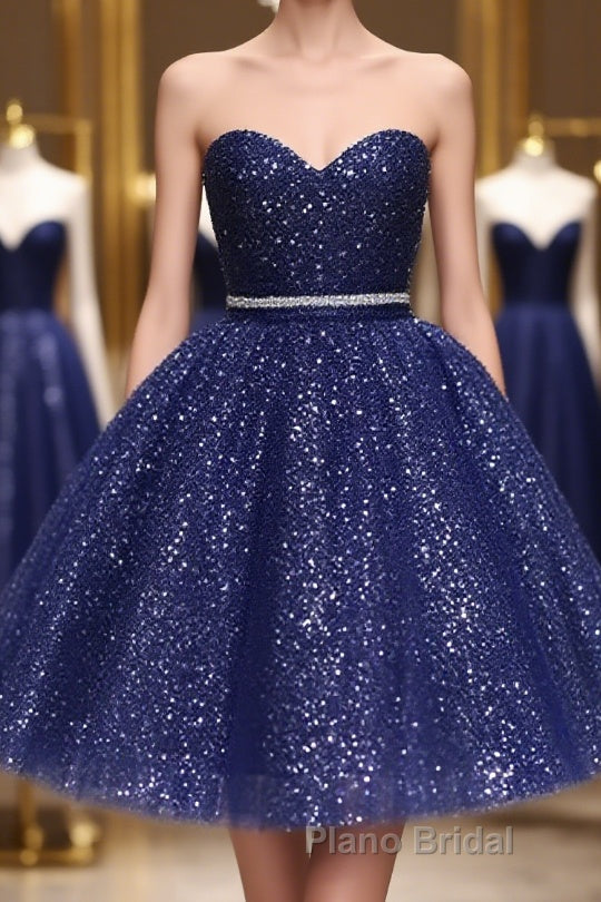 Shiny Strapless Sweetheart Neck Blue Short Formal Prom Homecoming Dress with Belt, Sparkly Blue Formal Evening Dress Main image