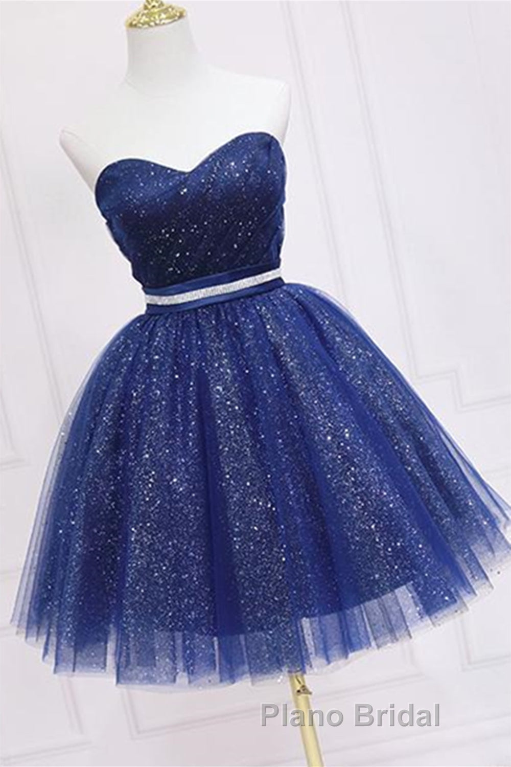Shiny Strapless Sweetheart Neck Blue Short Formal Prom Homecoming Dress with Belt, Sparkly Blue Formal Evening Dress