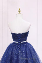 Shiny Strapless Sweetheart Neck Blue Short Formal Prom Homecoming Dress with Belt, Sparkly Blue Formal Evening Dress