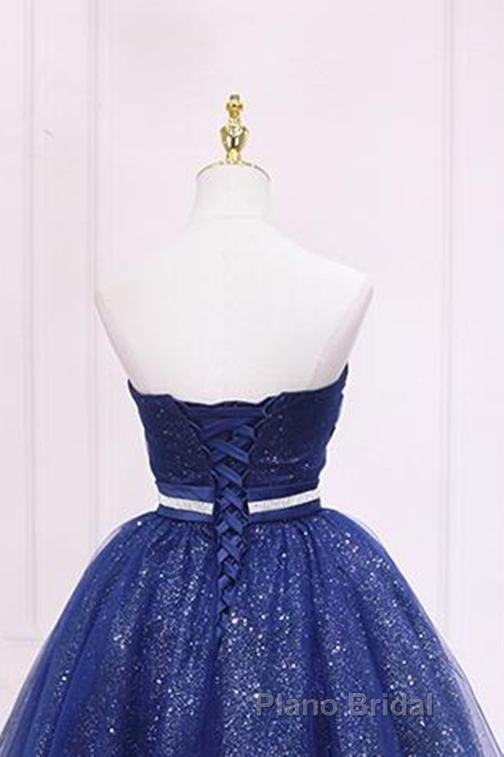 Shiny Strapless Sweetheart Neck Blue Short Formal Prom Homecoming Dress with Belt, Sparkly Blue Formal Evening Dress