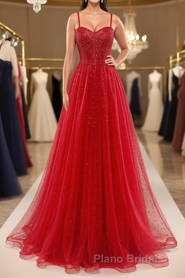 Shiny Sweetheart Neck Red Tulle Beaded Long Formal Prom Dresses, Open Back Red Tulle Formal Graduation Evening Dresses Main image