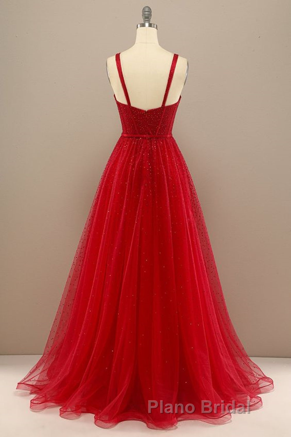Shiny Sweetheart Neck Red Tulle Beaded Long Formal Prom Dresses, Open Back Red Tulle Formal Graduation Evening Dresses