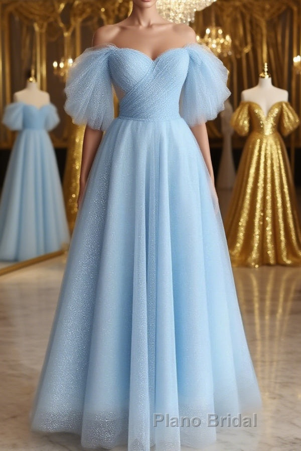 Shiny Tulle Off the Shoulder Tea Length Formal Prom Dress, Homecoming Dress, Off Shoulder Formal Graduation Evening Dress Main image