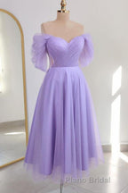 Shiny Tulle Off the Shoulder Tea Length Formal Prom Dress, Homecoming Dress, Off Shoulder Formal Graduation Evening Dress