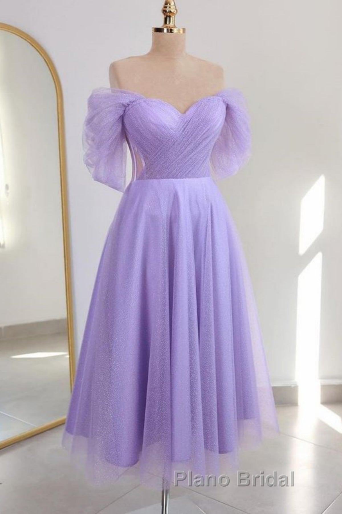 Shiny Tulle Off the Shoulder Tea Length Formal Prom Dress, Homecoming Dress, Off Shoulder Formal Graduation Evening Dress