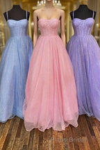 Shiny Tulle Open Back Long Formal Prom Dress, Long Tulle Formal Graduation Evening Dress