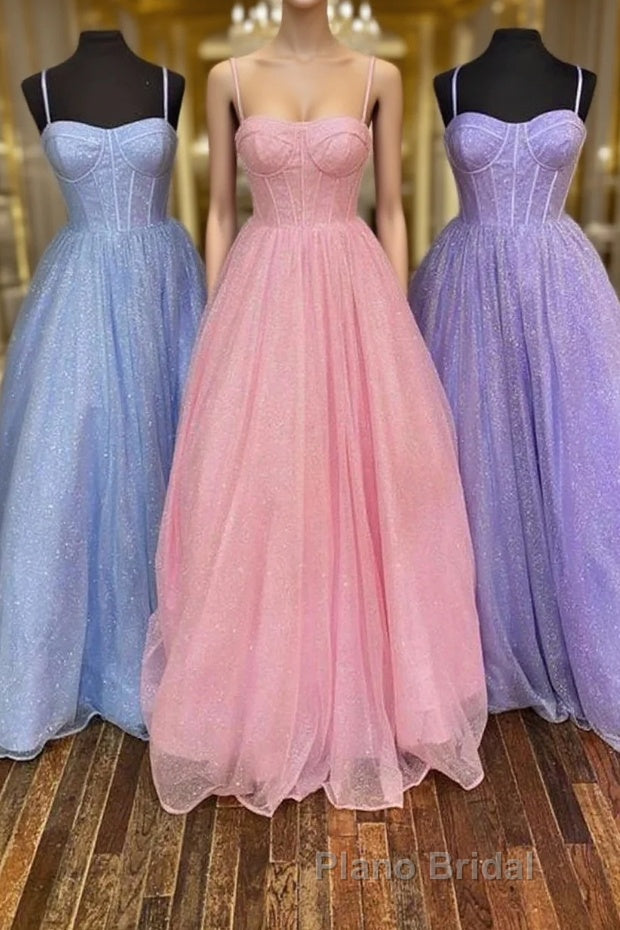 Shiny Tulle Open Back Long Formal Prom Dress, Long Tulle Formal Graduation Evening Dress