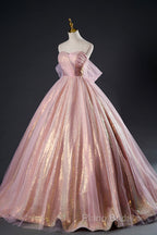 Shiny Tulle Sequins Long Formal Prom Dresses, Beautiful Pink Formal Dresses Sweet 16 Dresses