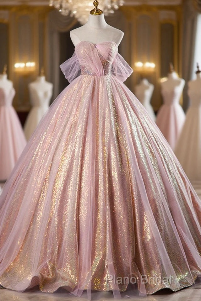 Shiny Tulle Sequins Long Formal Prom Dresses, Beautiful Pink Formal Dresses Sweet 16 Dresses Main image