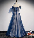 Shiny tulle sequins long prom dress blue evening dress