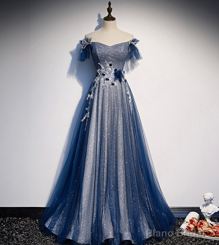 Shiny tulle sequins long prom dress blue evening dress Main image