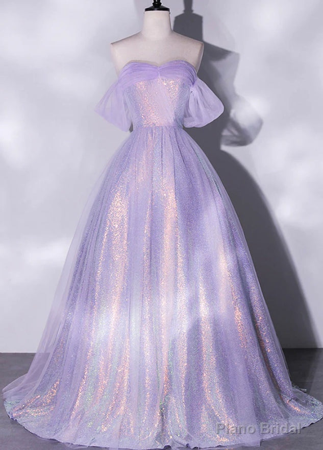Shiny tulle sequins long purple prom dress A-line evening dress Main image