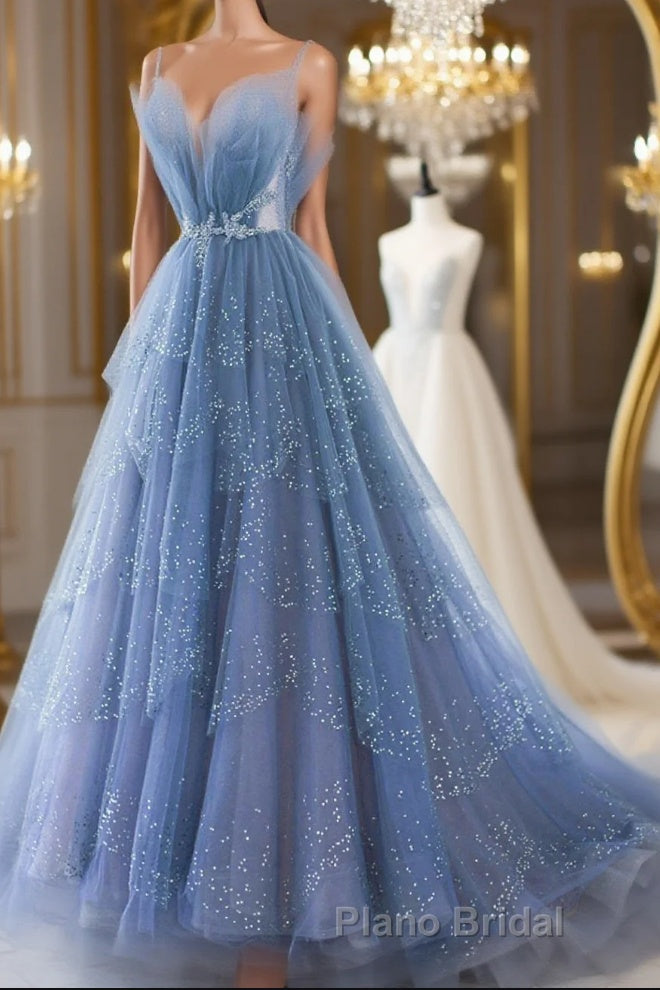 Shiny Tulle V Neck Blue Long Formal Prom Dress, Blue Tulle Formal Evening Dress, Blue Ball Gown Main image