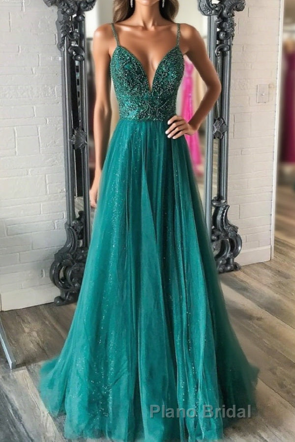 Shiny V Neck Backless Beaded Green Tulle Long Formal Prom Dress, Green Lace Formal Dress, Beaded Evening Dress Main image