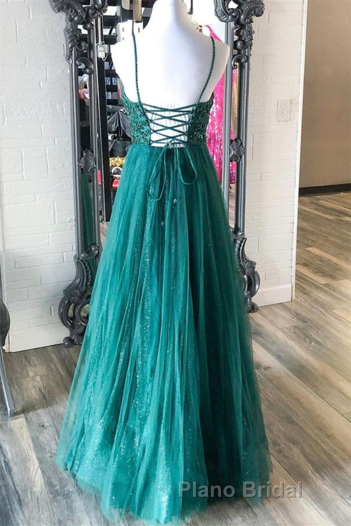 Shiny V Neck Backless Beaded Green Tulle Long Formal Prom Dress, Green Lace Formal Dress, Beaded Evening Dress Secondary image