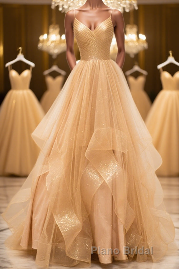 Shiny V Neck Backless Golden Long Formal Prom Dress, Backless Golden Formal Dress, Golden Evening Dress Main image